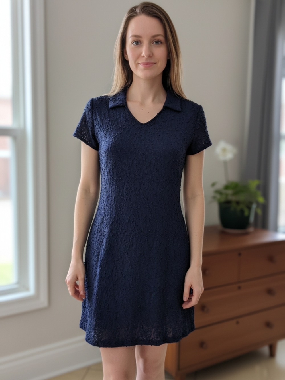Navy Textured Midi Dress with Collar